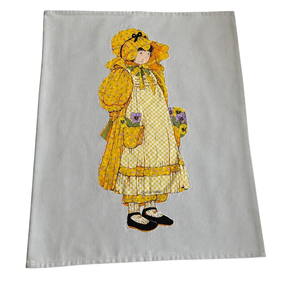 Vintage Yellow Holly Hobbie Applique on Blanket 32x41 Cottage Core Girls Room